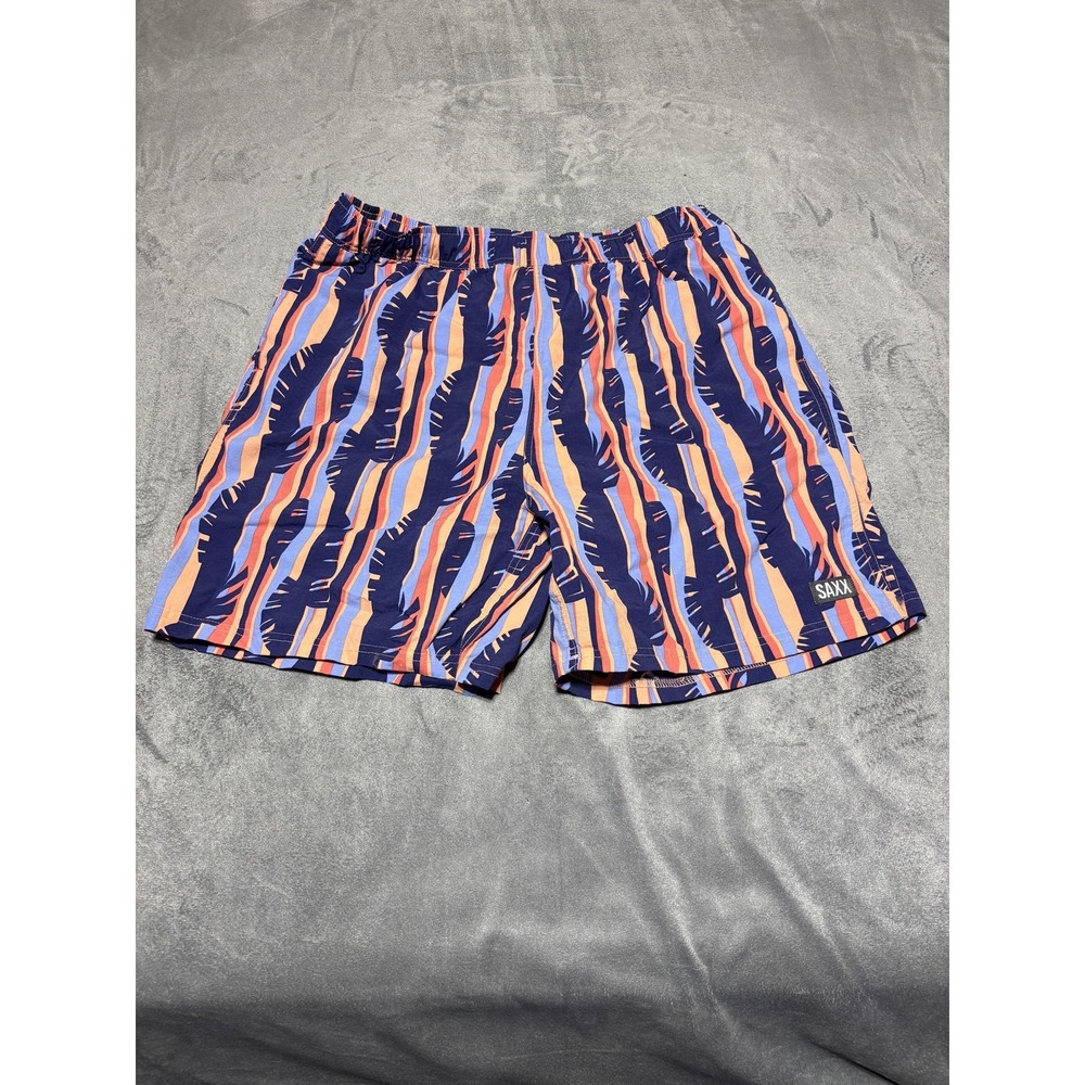 SAXX Go Coastal 2N1 Volley Shorts Mens Large Blue Striped Swim Trunks Lined